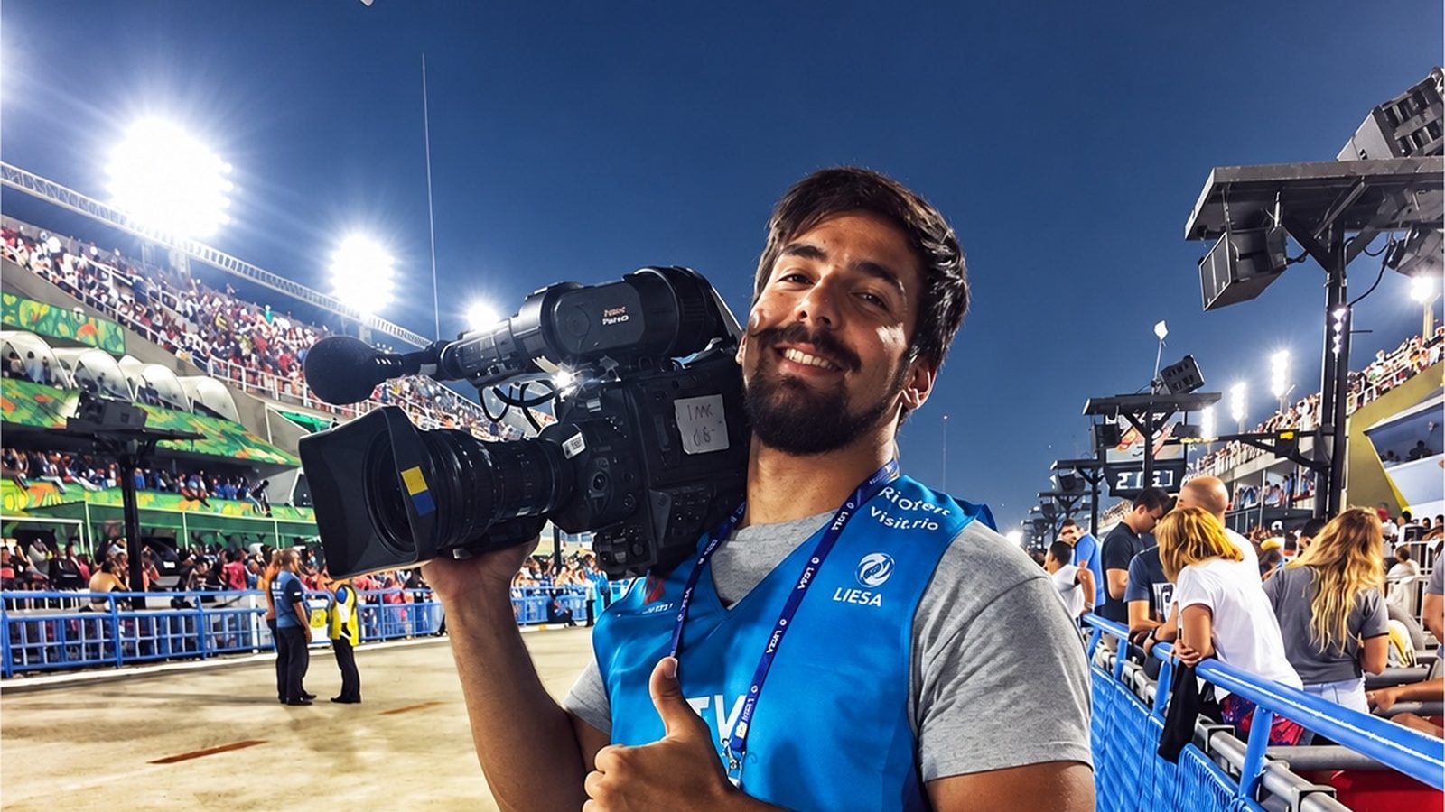 Pedro con la cámara al hombro en la pista de la Sapucaí, durante el Carnaval de Río