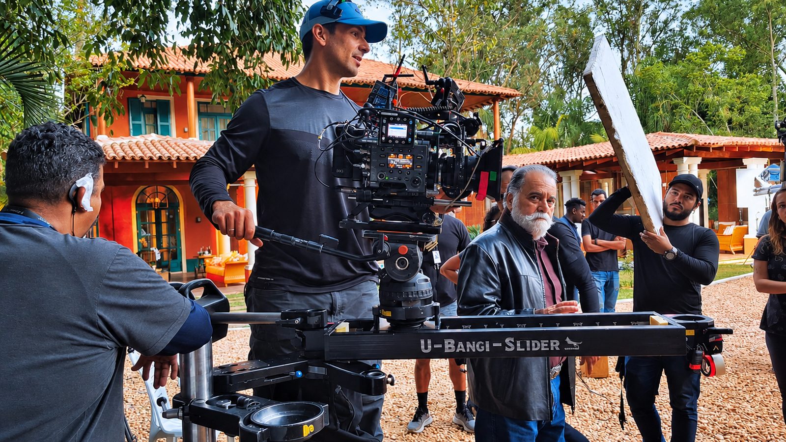Pedro operando cámara sobre slider frente a la casa de campo, en Terra e Paixão